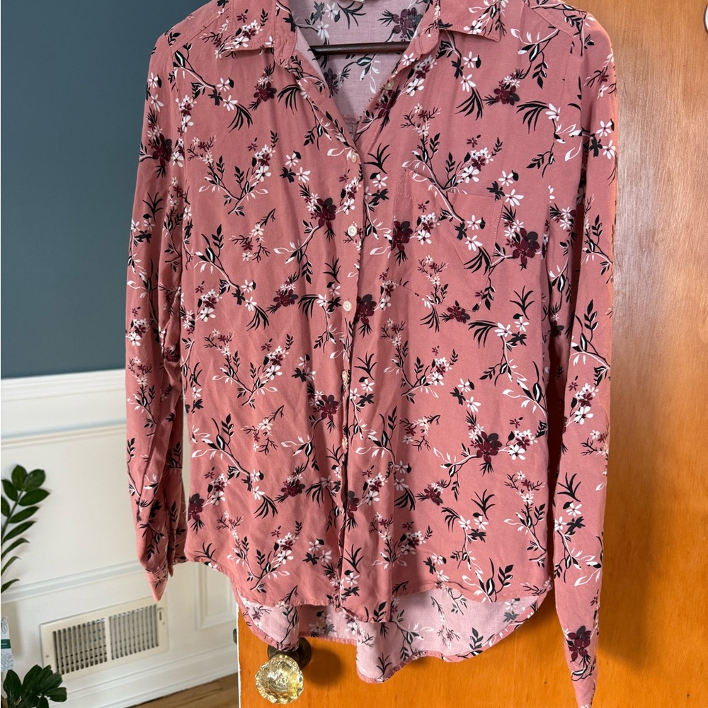 LOFT Pink Floral Button Down Blouse